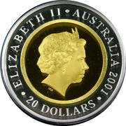 Australia 20 Dollars Sir Donald Bradman 2001 KM# 760 ELIZABETH II SUATRSLIA 2001 20 DOLLARS IRB coin obverse Australia 20 Dollars Sir Donald Bradman 2001 KM# 760 ELIZABETH II SUATRSLIA 2001 20 DOLLARS IRB coin obverse