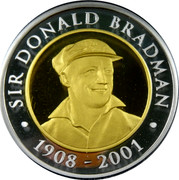 Australia 20 Dollars Sir Donald Bradman 2001 KM# 760 SIR DONALD BRADMAN 1908-2001 coin reverse Australia 20 Dollars Sir Donald Bradman 2001 KM# 760 SIR DONALD BRADMAN 1908-2001 coin reverse