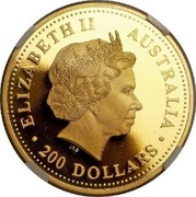 Australia 200 Dollars Australian Kangaroo 2001 KM# 896 ELIZABETH II AUSTRALIA 200 DOLLARS IRB coin obverse Australia 200 Dollars Australian Kangaroo 2001 KM# 896 ELIZABETH II AUSTRALIA 200 DOLLARS IRB coin obverse