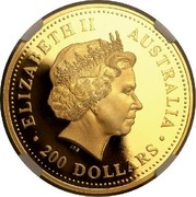 Australia 200 Dollars Australian Kangaroo 2002 KM# 901 ELIZABETH II AUSTRALIA 200 DOLLARS IRB coin obverse Australia 200 Dollars Australian Kangaroo 2002 KM# 901 ELIZABETH II AUSTRALIA 200 DOLLARS IRB coin obverse