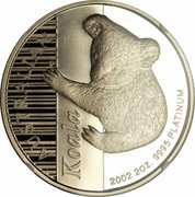 Australia 200 Dollars Australian Koala 2002 KM# 925 AUSTRALIAN KOALA 2002 2 OZ. 9995 PLATINUM P coin reverse Australia 200 Dollars Australian Koala 2002 KM# 925 AUSTRALIAN KOALA 2002 2 OZ. 9995 PLATINUM P coin reverse