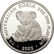 Australia 200 Dollars The Australian Koala 2003 KM# 929 THE AUSTRALIAN KOALA 2 OZ. 9995 PLATINUM 2003 P JR coin reverse Australia 200 Dollars The Australian Koala 2003 KM# 929 THE AUSTRALIAN KOALA 2 OZ. 9995 PLATINUM 2003 P JR coin reverse