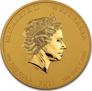 Australia 200 Dollars Year of the Rabbit 2011 KM# 1486 ELIZABETH II AUSTRALIA 2 OZ 9999 GOLD 2011 200 DOLLARS coin obverse