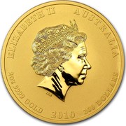 Australia 200 Dollars Year of the Tiger 2010 KM# 1377 ELIZABETH II AUSTRALIA 2 OZ 9999 GOLD 2010 200 DOLLARS IRB coin obverse