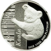 Australia 25 Dollars Koala up a gum tree 2002 Proof KM# 923 KOALA 2002 1/4OZ. 9995 PLATINUM coin reverse