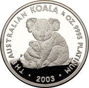 Australia 25 Dollars Mother and baby koala 2003 Proof KM# 927 THE AUSTRALIAN KOALA 1/4 OZ. 9995 PLATINUM P JR 2003 coin reverse Australia 25 Dollars Mother and baby koala 2003 Proof KM# 927 THE AUSTRALIAN KOALA 1/4 OZ. 9995 PLATINUM P JR 2003 coin reverse