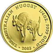 Australia 25 Dollars Two kangaroos hopping 2003 KM# 903 THE AUSTRALIAN NUGGET 1/4OZ. 9999 GOLD 2003 coin reverse Australia 25 Dollars Two kangaroos hopping 2003 KM# 903 THE AUSTRALIAN NUGGET 1/4OZ. 9999 GOLD 2003 coin reverse