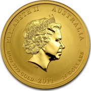 Australia 25 Dollars Year of the Rabbit 2011 KM# 1483 ELIZABETH II AUSTRALIA 1/4 OZ 9999 GOLD 2011 25 DOLLARS IRB coin obverse Australia 25 Dollars Year of the Rabbit 2011 KM# 1483 ELIZABETH II AUSTRALIA 1/4 OZ 9999 GOLD 2011 25 DOLLARS IRB coin obverse