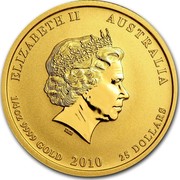 Australia 25 Dollars Year of the Tiger 2010 KM# 1322 ELIZABETH II AUSTRALIA 1/4 OZ 9999 GOLD 2010 25 DOLLARS IRB coin obverse Australia 25 Dollars Year of the Tiger 2010 KM# 1322 ELIZABETH II AUSTRALIA 1/4 OZ 9999 GOLD 2010 25 DOLLARS IRB coin obverse