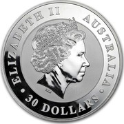 Australia 30 Dollars Australian Kookaburra 2010 KM# 1361 ELIZABETH II AUSTRALIA 30 DOLLARS IRB coin obverse Australia 30 Dollars Australian Kookaburra 2010 KM# 1361 ELIZABETH II AUSTRALIA 30 DOLLARS IRB coin obverse