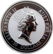 Australia 30 Dollars Kookaburra 2002 KM# 680 ELIZABETH II AUSTRALIA 30 DOLLARS coin obverse Australia 30 Dollars Kookaburra 2002 KM# 680 ELIZABETH II AUSTRALIA 30 DOLLARS coin obverse