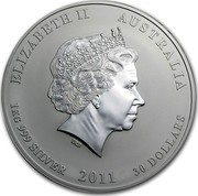 Australia 30 Dollars Lunar Year of the Rabbit 2011 KM# 1479 ELIZABETH II AUSTRALIA 1 KG 999 SILVER 2011 30 DOLLARS IRB coin obverse Australia 30 Dollars Lunar Year of the Rabbit 2011 KM# 1479 ELIZABETH II AUSTRALIA 1 KG 999 SILVER 2011 30 DOLLARS IRB coin obverse