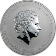 Australia 30 Dollars Year of the Tiger 2010 KM# 1374 ELIZABETH II AUSTRALIA 1 KG 999 SILVER 2010 30 DOLLARS IRB coin obverse Australia 30 Dollars Year of the Tiger 2010 KM# 1374 ELIZABETH II AUSTRALIA 1 KG 999 SILVER 2010 30 DOLLARS IRB coin obverse