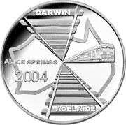 Australia 5 Dollars Adelaide to Darwin Railroad 2004 Proo KM# 729 DARWIN ADELAIDE ALICE SPRINGS 2004 coin reverse Australia 5 Dollars Adelaide to Darwin Railroad 2004 Proo KM# 729 DARWIN ADELAIDE ALICE SPRINGS 2004 coin reverse