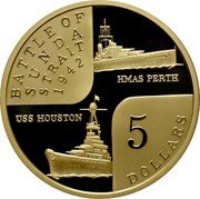 Australia 5 Dollars Battle of Sundra Strait 2002 KM# 647 BATTLE OF SUNDRA STRAIT 1942 HMAS PERTH USS HOUSTON 5 DOLLARS coin reverse Australia 5 Dollars Battle of Sundra Strait 2002 KM# 647 BATTLE OF SUNDRA STRAIT 1942 HMAS PERTH USS HOUSTON 5 DOLLARS coin reverse