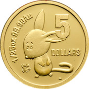 Australia 5 Dollars Binny Bilby 2008 Proof KM# 1067 1/25 OZ 99.99 AU 5 DOLLARS coin reverse Australia 5 Dollars Binny Bilby 2008 Proof KM# 1067 1/25 OZ 99.99 AU 5 DOLLARS coin reverse