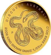 Australia 5 Dollars Discover Australia - King Brown Snake 2009 KM# 1219 DISCOVER AUSTRALIA 2009 KING BROWN SNAKE 1/25 OZ 9999 GOLD P DB coin reverse Australia 5 Dollars Discover Australia - King Brown Snake 2009 KM# 1219 DISCOVER AUSTRALIA 2009 KING BROWN SNAKE 1/25 OZ 9999 GOLD P DB coin reverse