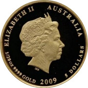 Australia 5 Dollars Kookaburra in flight right 2009 Proof KM# 1303 ELIZABETH II AUSTRALIA 1/20 OZ 9999 GOLD 2009 5 DOLLARS coin obverse Australia 5 Dollars Kookaburra in flight right 2009 Proof KM# 1303 ELIZABETH II AUSTRALIA 1/20 OZ 9999 GOLD 2009 5 DOLLARS coin obverse