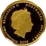 Australia 5 Dollars Kookaburra on branch left 2009 Proof KM# 1299 ELIZABETH II AUSTRALIA 1/20 OZ 9999 GOLD 2009 5 DOLLARS coin obverse Australia 5 Dollars Kookaburra on branch left 2009 Proof KM# 1299 ELIZABETH II AUSTRALIA 1/20 OZ 9999 GOLD 2009 5 DOLLARS coin obverse