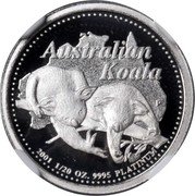 Australia 5 Dollars Two koalas on branch 2001 Proof KM# 916 AUSTRALIAN KOALA 2001 1/20 OZ. 9995 PLATINUM coin reverse Australia 5 Dollars Two koalas on branch 2001 Proof KM# 916 AUSTRALIAN KOALA 2001 1/20 OZ. 9995 PLATINUM coin reverse