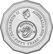 Australia 50 Cents 50 Years Decimal Currency 2016  ELIZABETH II AUSTRALIA 2016 FIFTY YEARS AUSTRALIA coin obverse Australia 50 Cents 50 Years Decimal Currency 2016  ELIZABETH II AUSTRALIA 2016 FIFTY YEARS AUSTRALIA coin obverse