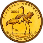 Australia 50 Dollars Brolga 2008 P Proof KM# 1198 DISCOVER AUSTRALIA 2008 BROLGA 1/2 OZ 9999 GOLD coin reverse Australia 50 Dollars Brolga 2008 P Proof KM# 1198 DISCOVER AUSTRALIA 2008 BROLGA 1/2 OZ 9999 GOLD coin reverse