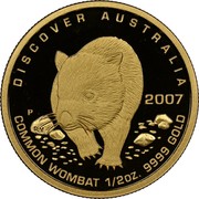 Australia 50 Dollars Common wombat 2007 P Proof KM# 970 DISCOVER AUSTRALIA 2007 COMMON WOMBAT 1/2OZ. 9999 GOLD P RV coin reverse
