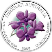Australia 50 Dollars Cooktown orchid 2006 P Proof KM# 981 DISCOVER AUSTRALIA 1/2 OZ PLATINUM 9995 2006 COOKTOWN ORCHID coin reverse Australia 50 Dollars Cooktown orchid 2006 P Proof KM# 981 DISCOVER AUSTRALIA 1/2 OZ PLATINUM 9995 2006 COOKTOWN ORCHID coin reverse