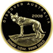 Australia 50 Dollars Dingo 2008 P Proof KM# 1199 DISCOVER AUSTRALIA DINGO 1/ 2 OZ. 9999 GOLD 2008 coin reverse Australia 50 Dollars Dingo 2008 P Proof KM# 1199 DISCOVER AUSTRALIA DINGO 1/ 2 OZ. 9999 GOLD 2008 coin reverse
