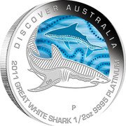 Australia 50 Dollars (Discover Australia - Great White Shark) KM# 1557 DISCOVER AUSTRALIA 2011 GREAT WHITE SHARK 1/2 OZ 9995 PLATINUM P DB coin reverse Australia 50 Dollars (Discover Australia - Great White Shark) KM# 1557 DISCOVER AUSTRALIA 2011 GREAT WHITE SHARK 1/2 OZ 9995 PLATINUM P DB coin reverse