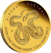 Australia 50 Dollars Discover Australia - King Brown Snake 2009 KM# 1229 DISCOVER AUSTRALIA 2009 KING BROWN SNAKE 1/2 OZ 9999 GOLD P DB coin reverse Australia 50 Dollars Discover Australia - King Brown Snake 2009 KM# 1229 DISCOVER AUSTRALIA 2009 KING BROWN SNAKE 1/2 OZ 9999 GOLD P DB coin reverse
