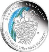 Australia 50 Dollars Discover Australia - Koala 2010 KM# 1404 DISCOVER AUSTRALIA 2010 KOALA 1/2 OZ 9995 PLATINUM P DB coin reverse Australia 50 Dollars Discover Australia - Koala 2010 KM# 1404 DISCOVER AUSTRALIA 2010 KOALA 1/2 OZ 9995 PLATINUM P DB coin reverse