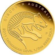 Australia 50 Dollars (Discover Australia - Tasmanian Devil) KM# 1543 DISCOVER AUSTRALIA 2011 TASMANIAN DEVIL 1/2 OZ 9999 GOLD P DB coin reverse Australia 50 Dollars (Discover Australia - Tasmanian Devil) KM# 1543 DISCOVER AUSTRALIA 2011 TASMANIAN DEVIL 1/2 OZ 9999 GOLD P DB coin reverse