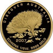 Australia 50 Dollars Echidna 2007 P Proof KM# 967 DISCOVER AUSTRALIA 2007 ECHIDNA 1/2OZ. 9999 GOLD P WR coin reverse