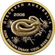 Australia 50 Dollars King brown snake 2008 P Proof KM# 1197 ELIZABETH II AUSTRALIA 50 DOLLARS coin obverse Australia 50 Dollars King brown snake 2008 P Proof KM# 1197 ELIZABETH II AUSTRALIA 50 DOLLARS coin obverse