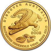 Australia 50 Dollars Salt water crocodile 2006 P Proof KM# 952 DISCOVER AUSTRALIA 2006 SALTWATER CROCODILE 1/2OZ. 9999 GOLD P RV coin reverse Australia 50 Dollars Salt water crocodile 2006 P Proof KM# 952 DISCOVER AUSTRALIA 2006 SALTWATER CROCODILE 1/2OZ. 9999 GOLD P RV coin reverse