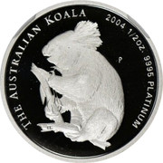 Australia 50 Dollars Single koala on branch 2004 Proof KM# 933 THE AUSTRALIAN KOALA 2004 1/2 OZ. 9995 PLATINUM P coin reverse Australia 50 Dollars Single koala on branch 2004 Proof KM# 933 THE AUSTRALIAN KOALA 2004 1/2 OZ. 9995 PLATINUM P coin reverse