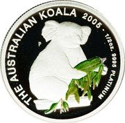 Australia 50 Dollars Single Koala with Gum Leave 2005 Proof KM# 937 THE AUSTRALIAN KOALA 2005 1/2 OZ. 9995 PLATINUM P coin reverse