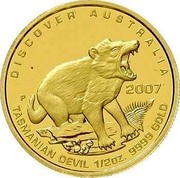 Australia 50 Dollars Tasmanian devil 2007 P Proof KM# 973 DISCOVER AUSTRALIA 2007 TASMANIAN DEVIL 1/2OZ. 9999 GOLD P RV coin reverse