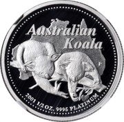 Australia 50 Dollars Two koalas on branch 2001 Proof KM# 919 AUSTRALIAN KOALA 2001 1/2 OZ. 9995 PLATINUM coin reverse