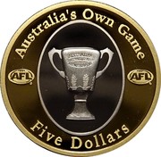 Australia Five Dollars Australia's Own Game 2004 KM# 855 AUSTRALIA'S OWN GAME AFL® AFL® AUSTRALIAN FOOTBALL LEAGUE PREMIERSHIP CUP FIVE DOLLARS coin reverse Australia Five Dollars Australia's Own Game 2004 KM# 855 AUSTRALIA'S OWN GAME AFL® AFL® AUSTRALIAN FOOTBALL LEAGUE PREMIERSHIP CUP FIVE DOLLARS coin reverse