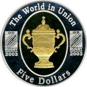 Australia Five Dollars Rugby World Cup 2003 KM# 810 THE WORLD IN UNION IRB RUGBY WORLD CUP 2003 IRB RUGBY WORLD CUP 2003 FIVE DOLLARS coin reverse Australia Five Dollars Rugby World Cup 2003 KM# 810 THE WORLD IN UNION IRB RUGBY WORLD CUP 2003 IRB RUGBY WORLD CUP 2003 FIVE DOLLARS coin reverse