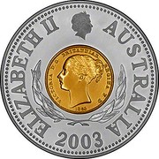 Australia Ten Dollars Australian Sydney Mint One Sovereign 2003 KM# 751 ELIZABETH II AUSTRALIA VICTORIA D: G: BRITANNIAR: REGINA F: D: 1853 2003 coin obverse Australia Ten Dollars Australian Sydney Mint One Sovereign 2003 KM# 751 ELIZABETH II AUSTRALIA VICTORIA D: G: BRITANNIAR: REGINA F: D: 1853 2003 coin obverse