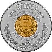 Australia Ten Dollars Australian Sydney Mint One Sovereign 2003 KM# 751 1853 SYDNEY 2003 MINT PATTERN SYDNEY MINT AUSTRALIA ONE SOVEREIGN TEN DOLLARS coin reverse Australia Ten Dollars Australian Sydney Mint One Sovereign 2003 KM# 751 1853 SYDNEY 2003 MINT PATTERN SYDNEY MINT AUSTRALIA ONE SOVEREIGN TEN DOLLARS coin reverse