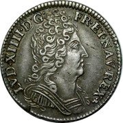 France 1/10 ECU Louis XIV 1711 E KM# 379.5 LVD XIIII D G FR ET NAV REX coin obverse France 1/10 ECU Louis XIV 1711 E KM# 379.5 LVD XIIII D G FR ET NAV REX coin obverse