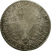 France 1/2 ECU (36 Sols, 6 Deniers) Louis XIV 1711 X KM# 382.20 SIT NOMEN DOMINI BENEDICTVM 1714 X coin reverse France 1/2 ECU (36 Sols, 6 Deniers) Louis XIV 1711 X KM# 382.20 SIT NOMEN DOMINI BENEDICTVM 1714 X coin reverse
