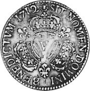 France 1/2 ECU (36 Sols, 6 Deniers) Louis XIV 1712 V KM# 382.18 SIT NOMEN DOMINI BENEDICTVM 1709 V coin reverse France 1/2 ECU (36 Sols, 6 Deniers) Louis XIV 1712 V KM# 382.18 SIT NOMEN DOMINI BENEDICTVM 1709 V coin reverse