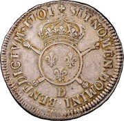 France 1/2 ECU (43 Sols) Louis XIV 1701 D KM# 326.1 SIT NOMEN DOMINI BENEDICTVM 1701 D coin reverse France 1/2 ECU (43 Sols) Louis XIV 1701 D KM# 326.1 SIT NOMEN DOMINI BENEDICTVM 1701 D coin reverse