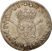 France 1/2 ECU (43 Sols) Louis XIV 1701 & KM# 325.23 SIT NOMEN DOMINI BENEDICTVM 1701 & coin reverse France 1/2 ECU (43 Sols) Louis XIV 1701 & KM# 325.23 SIT NOMEN DOMINI BENEDICTVM 1701 & coin reverse