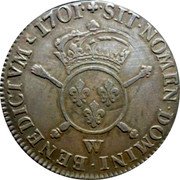 France 1/2 ECU (43 Sols) Louis XIV 1701 W KM# 326.2 SIT NOMEN DOMINI BENEDICTVM 1701 W coin reverse France 1/2 ECU (43 Sols) Louis XIV 1701 W KM# 326.2 SIT NOMEN DOMINI BENEDICTVM 1701 W coin reverse